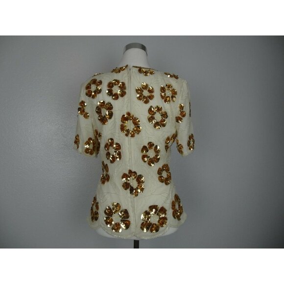 Vintage Stenay Blouse Womans  M 100% Silk Gold Sequin Beaded Top Cream Short Slv - Picture 4 of 12